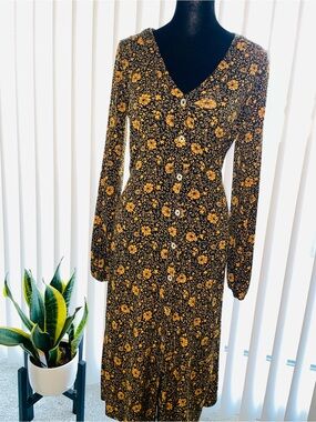 MICHAEL Michael Kors Black Dress with Mustard Floral Print - Long Sleeve Midi